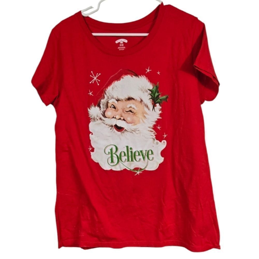 Women's XL 16/18 Christmas Shirt Red Believe Holiday Tee Santa Claus Print Party